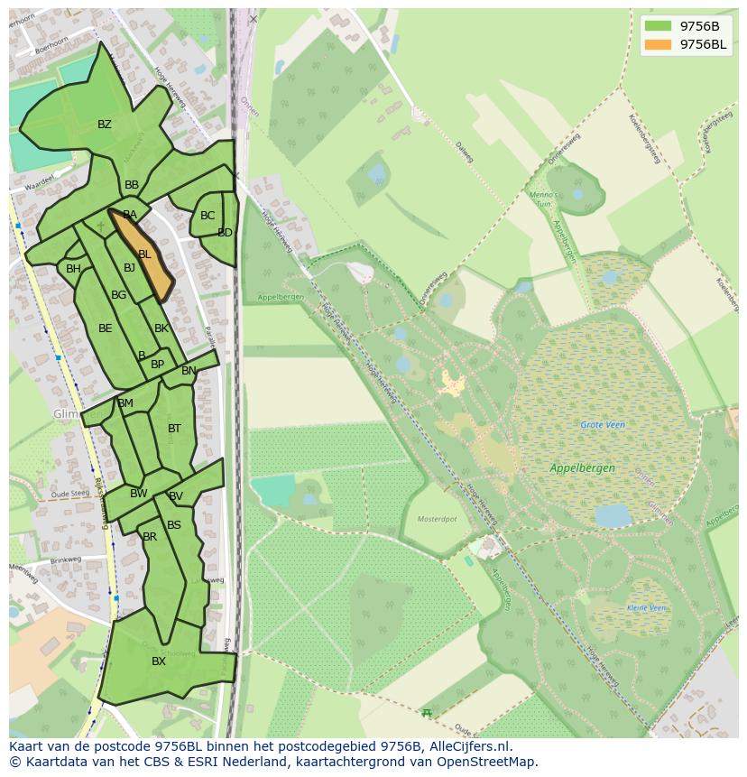 Afbeelding van het postcodegebied 9756 BL op de kaart.