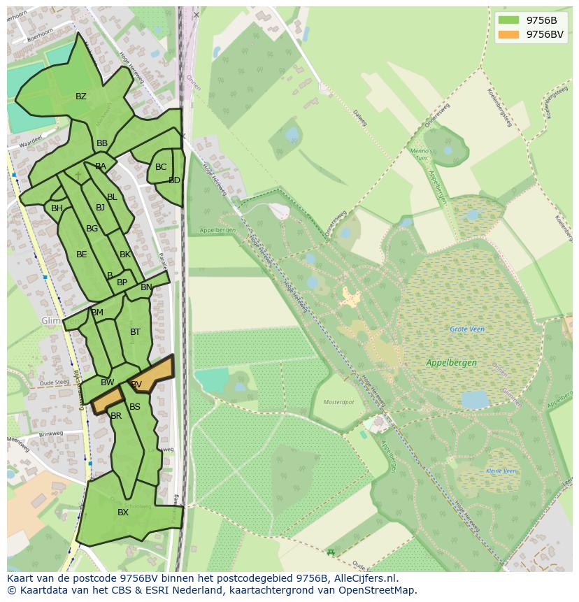 Afbeelding van het postcodegebied 9756 BV op de kaart.