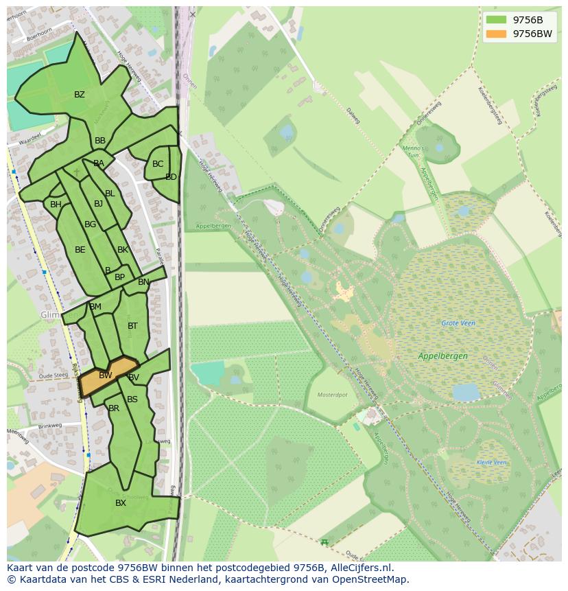 Afbeelding van het postcodegebied 9756 BW op de kaart.