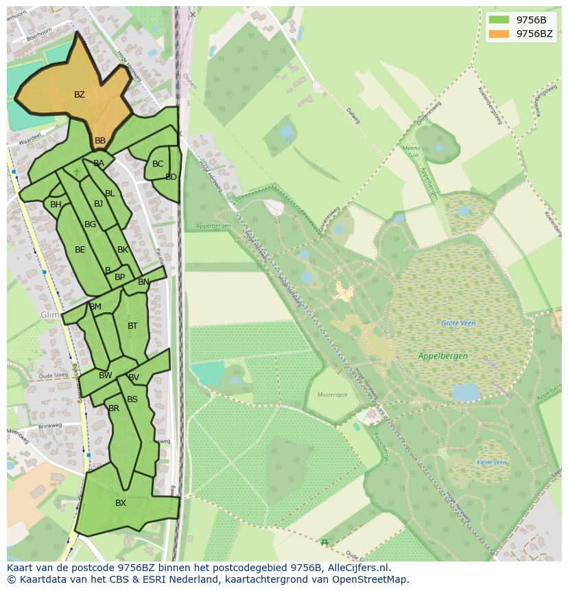 Afbeelding van het postcodegebied 9756 BZ op de kaart.