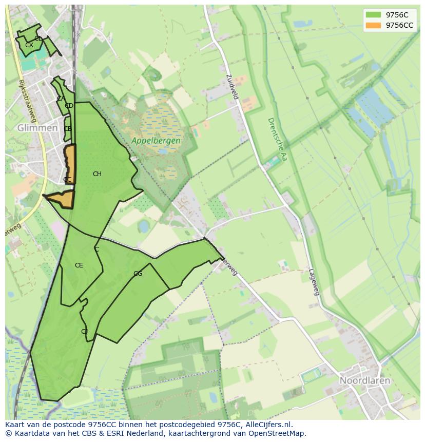 Afbeelding van het postcodegebied 9756 CC op de kaart.