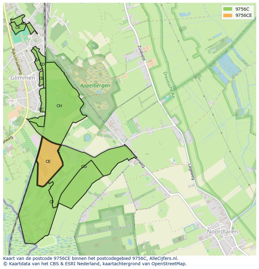 Afbeelding van het postcodegebied 9756 CE op de kaart.