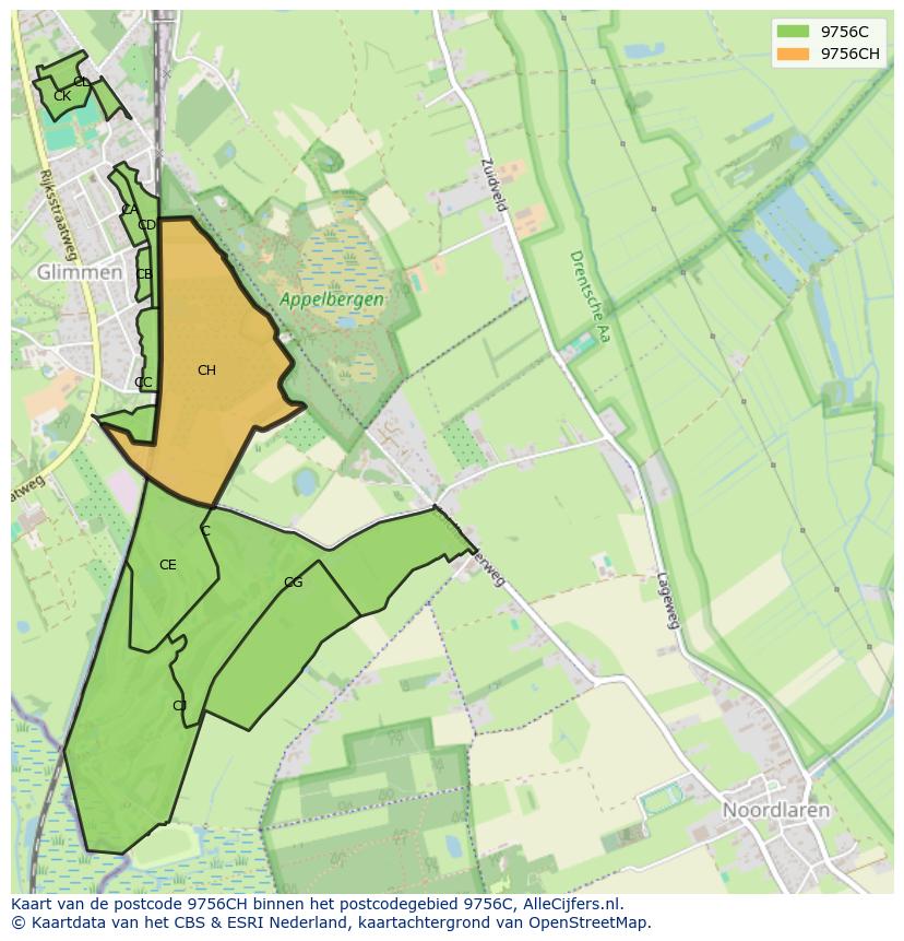 Afbeelding van het postcodegebied 9756 CH op de kaart.