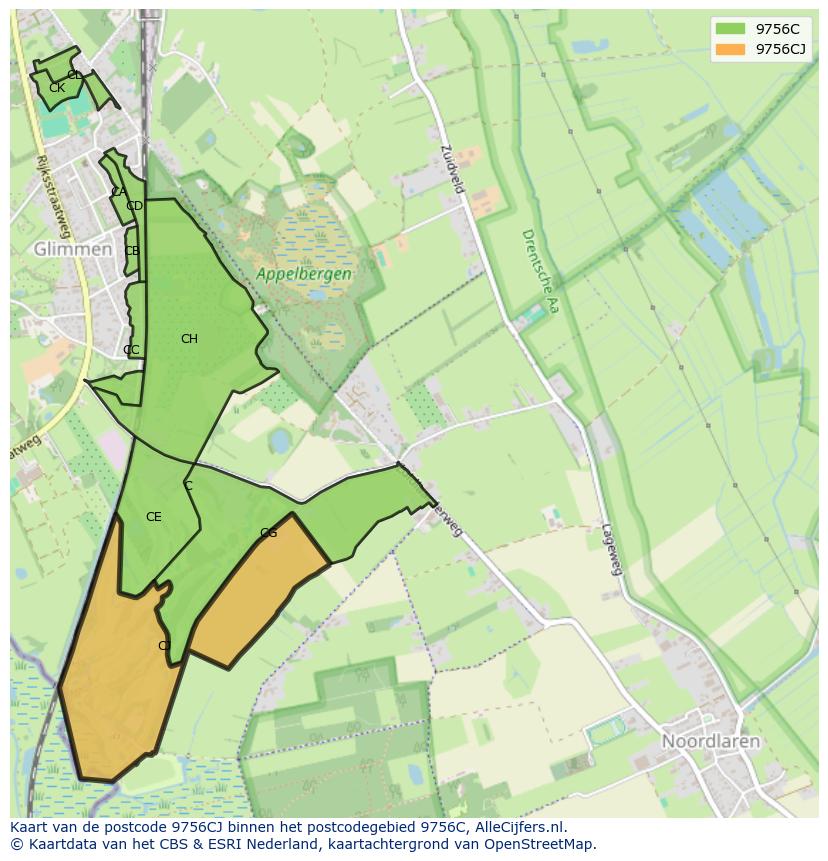 Afbeelding van het postcodegebied 9756 CJ op de kaart.