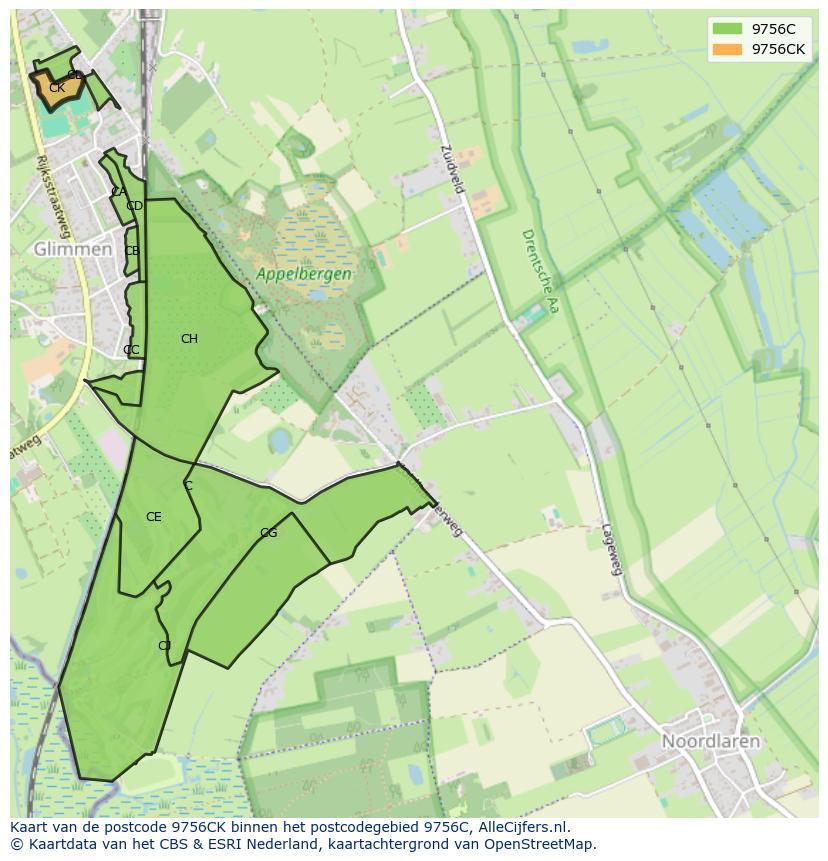 Afbeelding van het postcodegebied 9756 CK op de kaart.