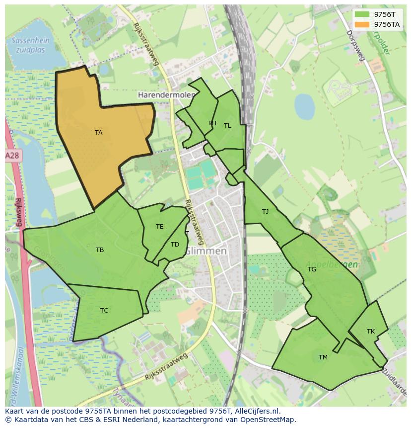 Afbeelding van het postcodegebied 9756 TA op de kaart.
