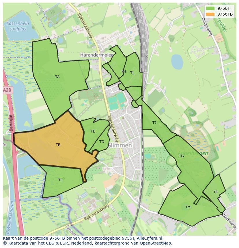 Afbeelding van het postcodegebied 9756 TB op de kaart.