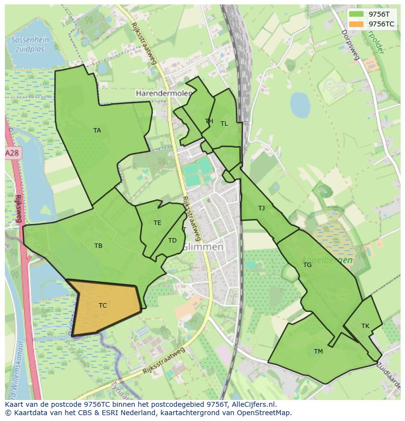 Afbeelding van het postcodegebied 9756 TC op de kaart.