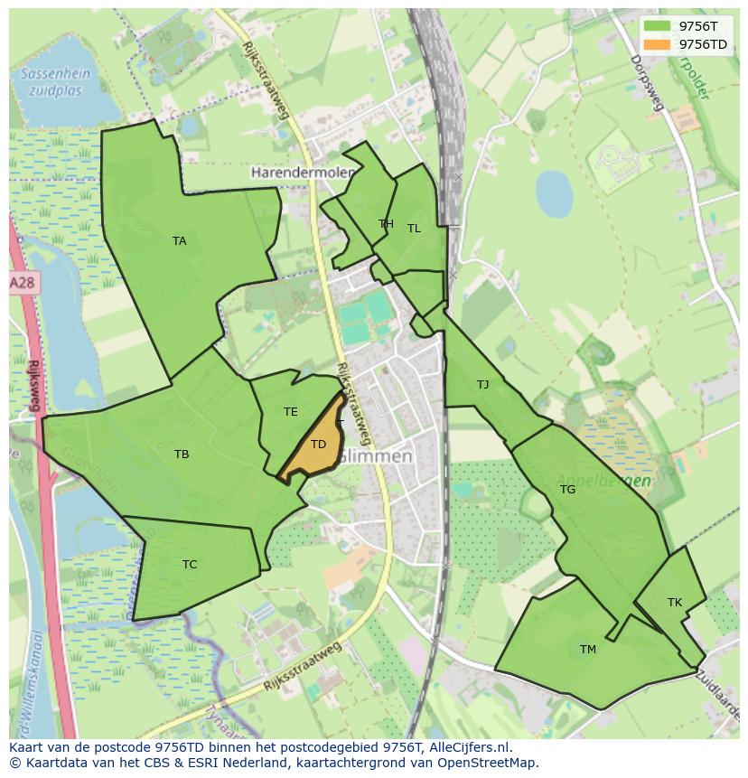 Afbeelding van het postcodegebied 9756 TD op de kaart.