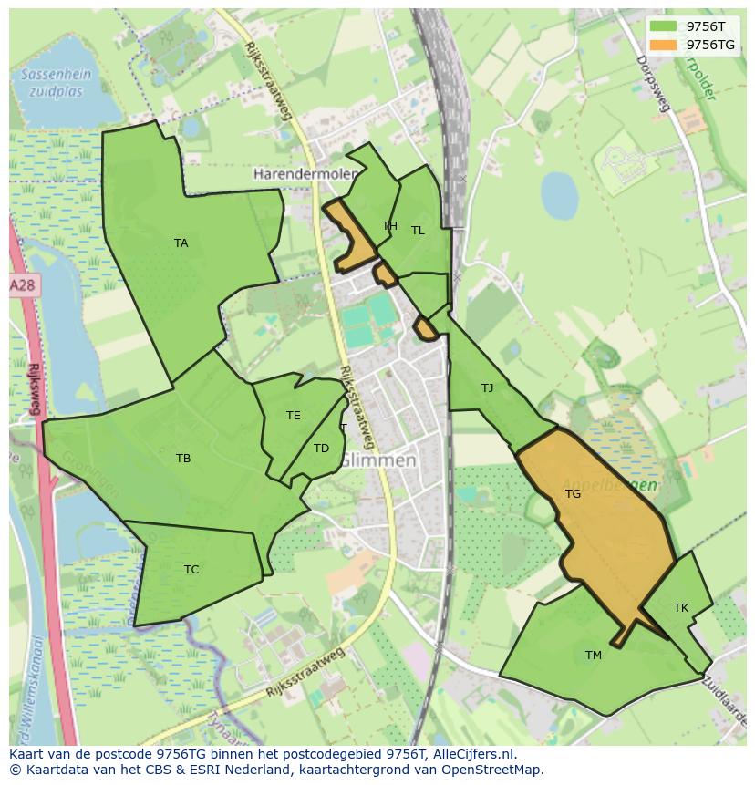 Afbeelding van het postcodegebied 9756 TG op de kaart.