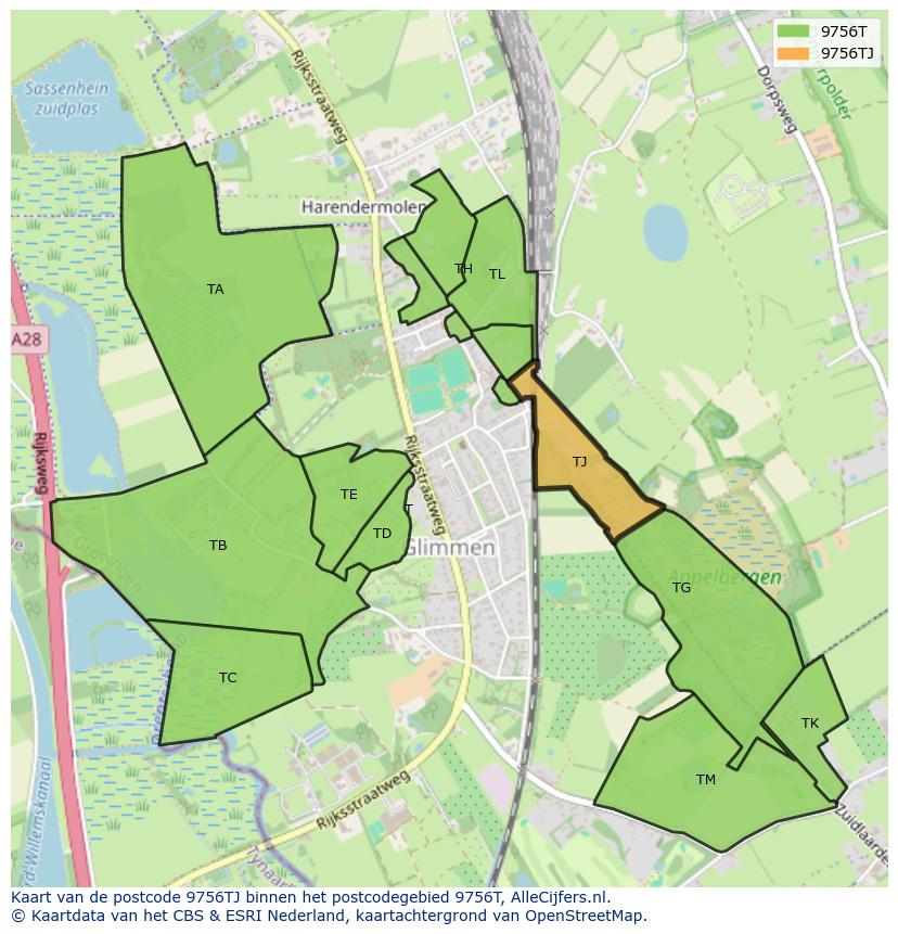 Afbeelding van het postcodegebied 9756 TJ op de kaart.