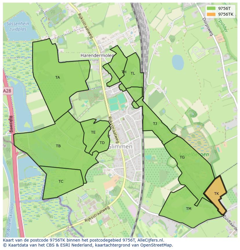 Afbeelding van het postcodegebied 9756 TK op de kaart.