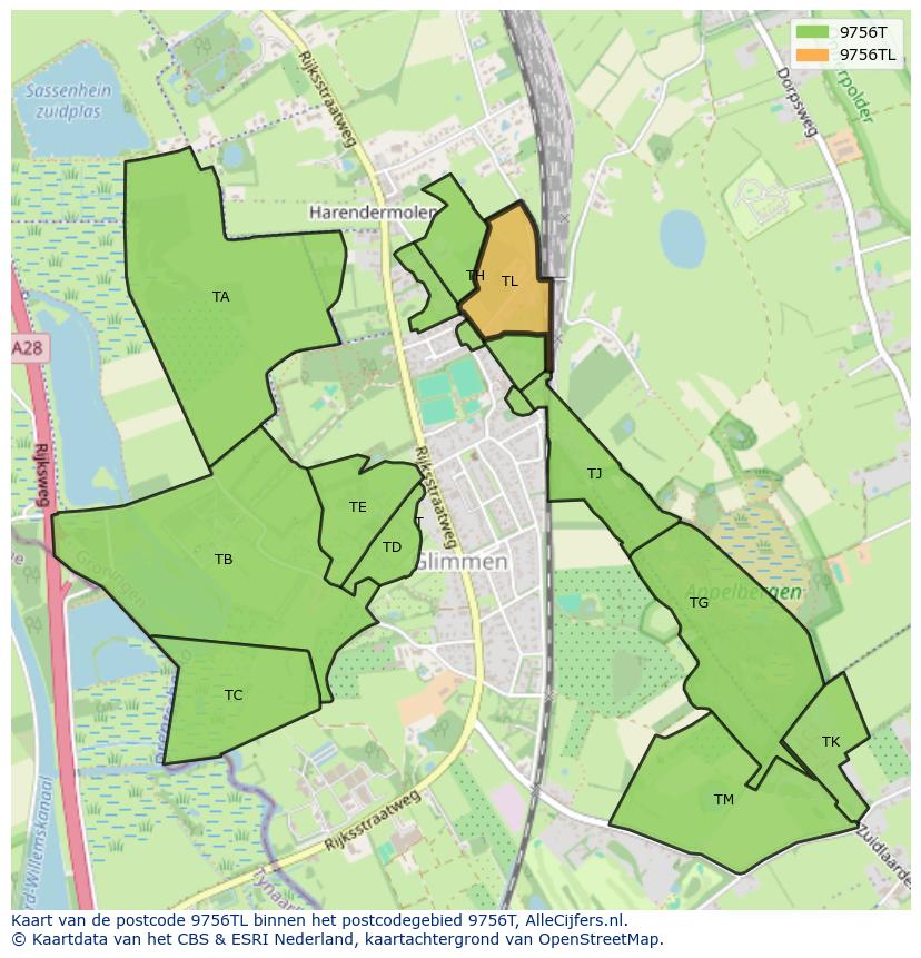 Afbeelding van het postcodegebied 9756 TL op de kaart.