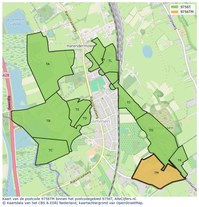 Afbeelding van het postcodegebied 9756 TM op de kaart.
