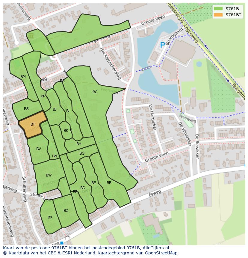 Afbeelding van het postcodegebied 9761 BT op de kaart.