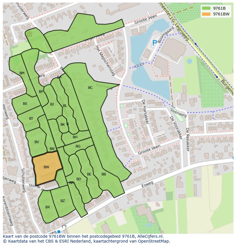 Afbeelding van het postcodegebied 9761 BW op de kaart.