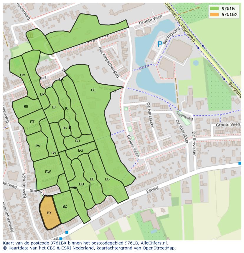 Afbeelding van het postcodegebied 9761 BX op de kaart.