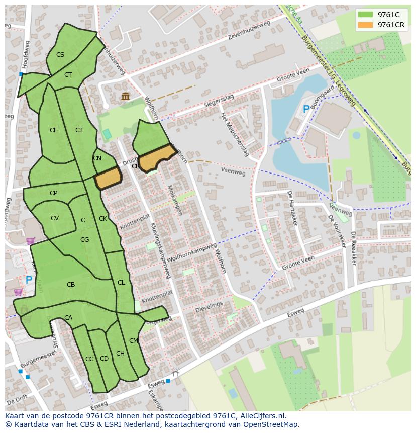 Afbeelding van het postcodegebied 9761 CR op de kaart.