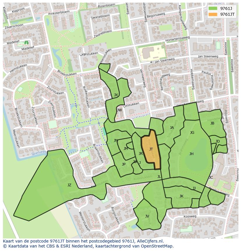 Afbeelding van het postcodegebied 9761 JT op de kaart.