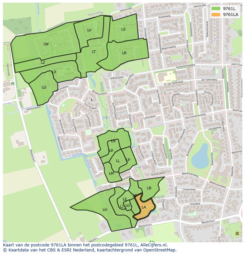 Afbeelding van het postcodegebied 9761 LA op de kaart.
