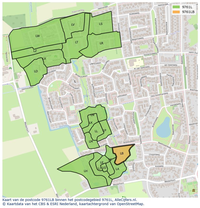 Afbeelding van het postcodegebied 9761 LB op de kaart.
