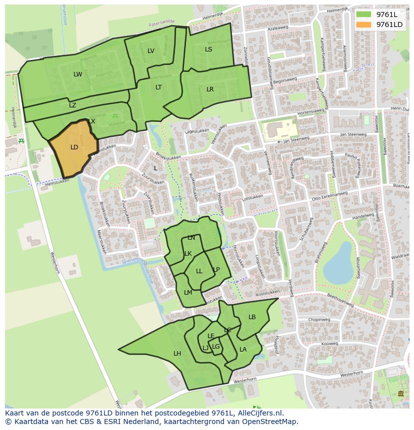 Afbeelding van het postcodegebied 9761 LD op de kaart.