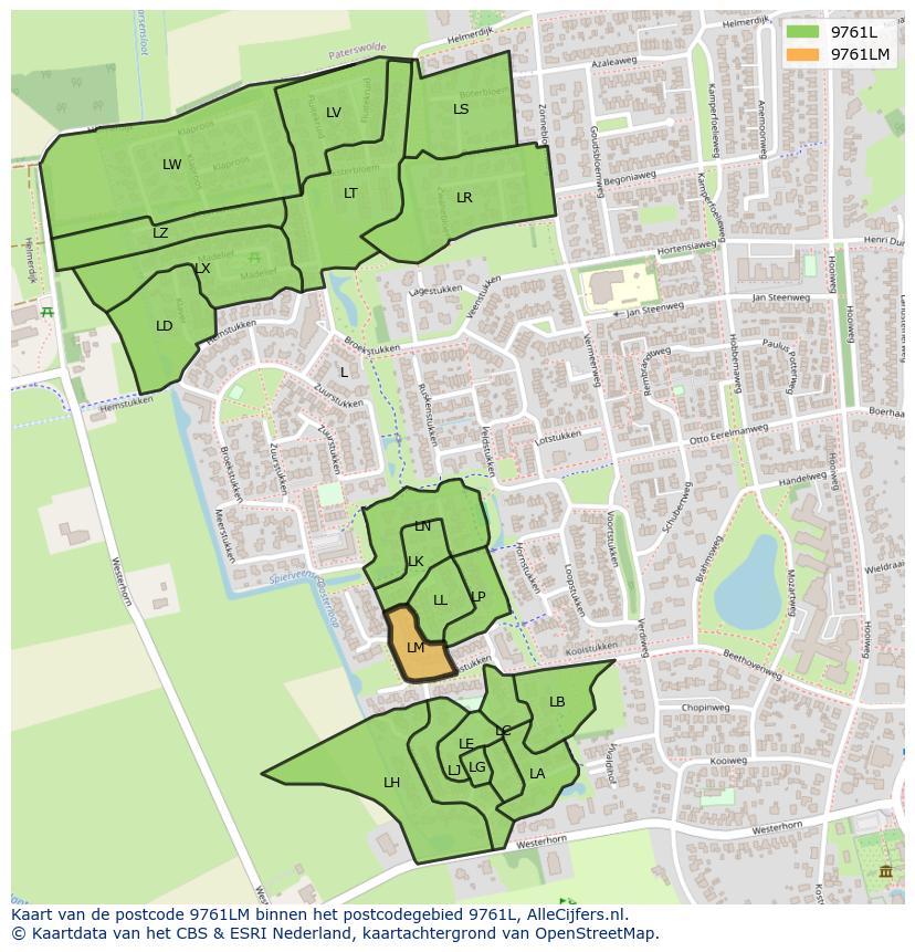 Afbeelding van het postcodegebied 9761 LM op de kaart.