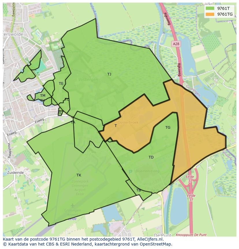 Afbeelding van het postcodegebied 9761 TG op de kaart.