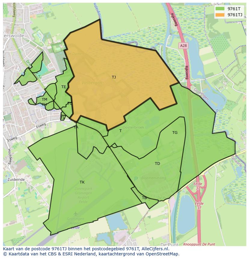 Afbeelding van het postcodegebied 9761 TJ op de kaart.