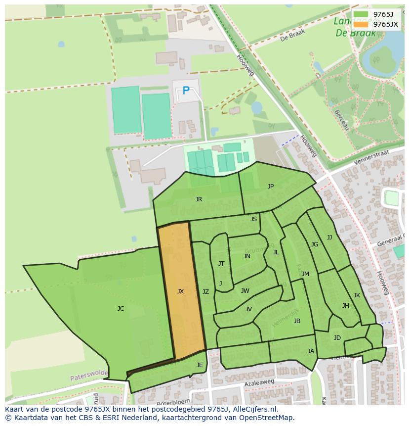 Afbeelding van het postcodegebied 9765 JX op de kaart.