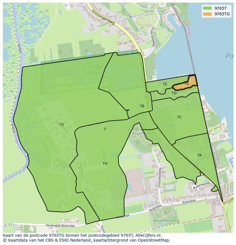 Afbeelding van het postcodegebied 9765 TG op de kaart.