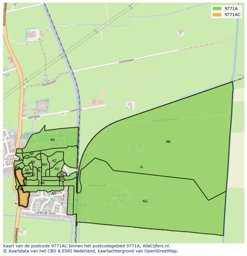 Afbeelding van het postcodegebied 9771 AC op de kaart.