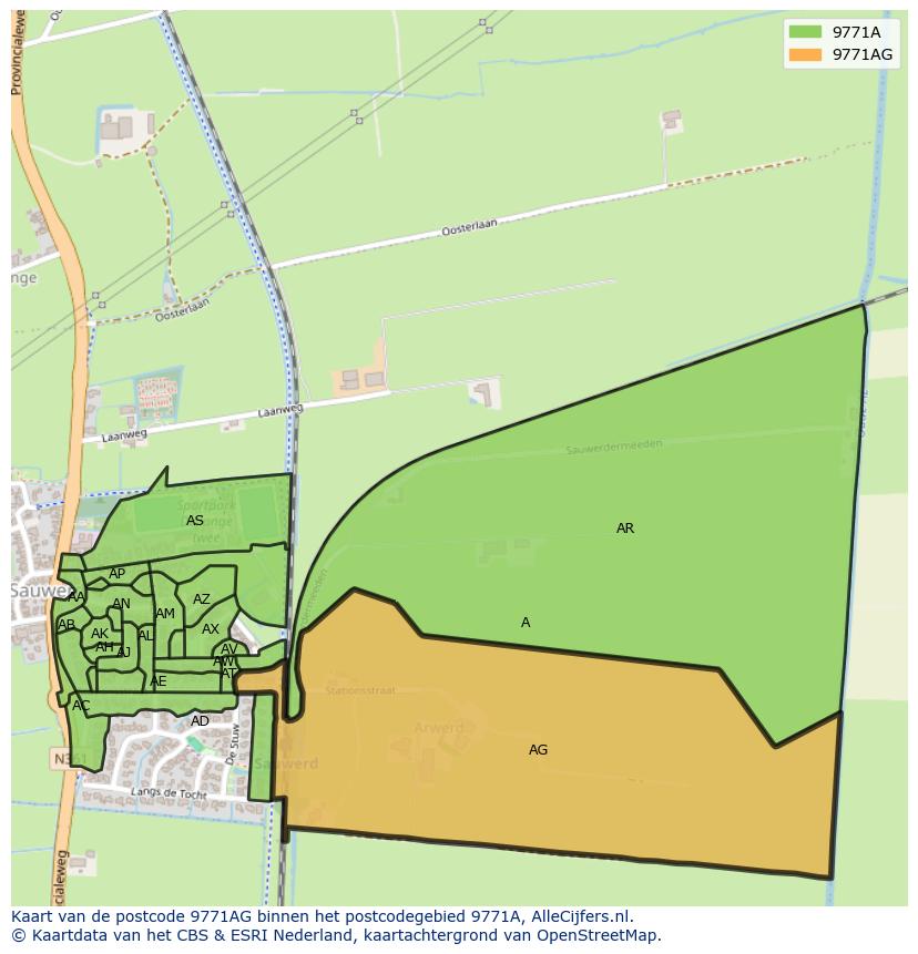 Afbeelding van het postcodegebied 9771 AG op de kaart.