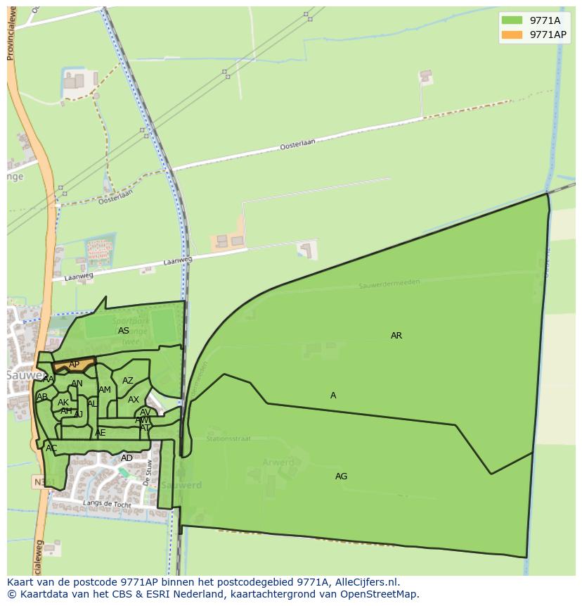 Afbeelding van het postcodegebied 9771 AP op de kaart.