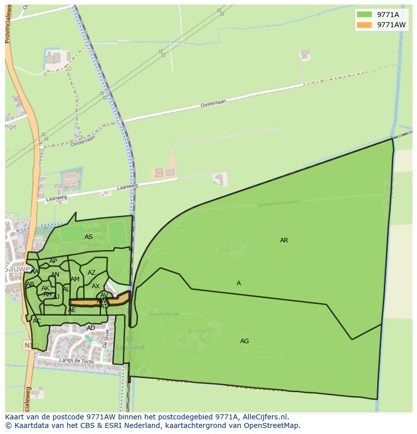 Afbeelding van het postcodegebied 9771 AW op de kaart.