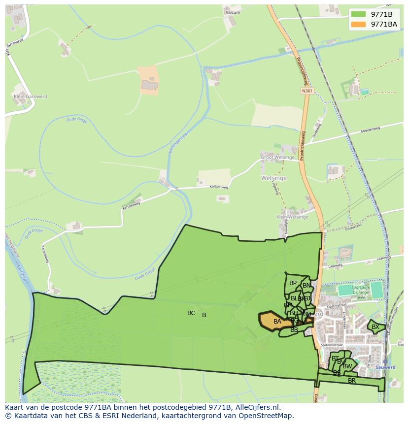 Afbeelding van het postcodegebied 9771 BA op de kaart.