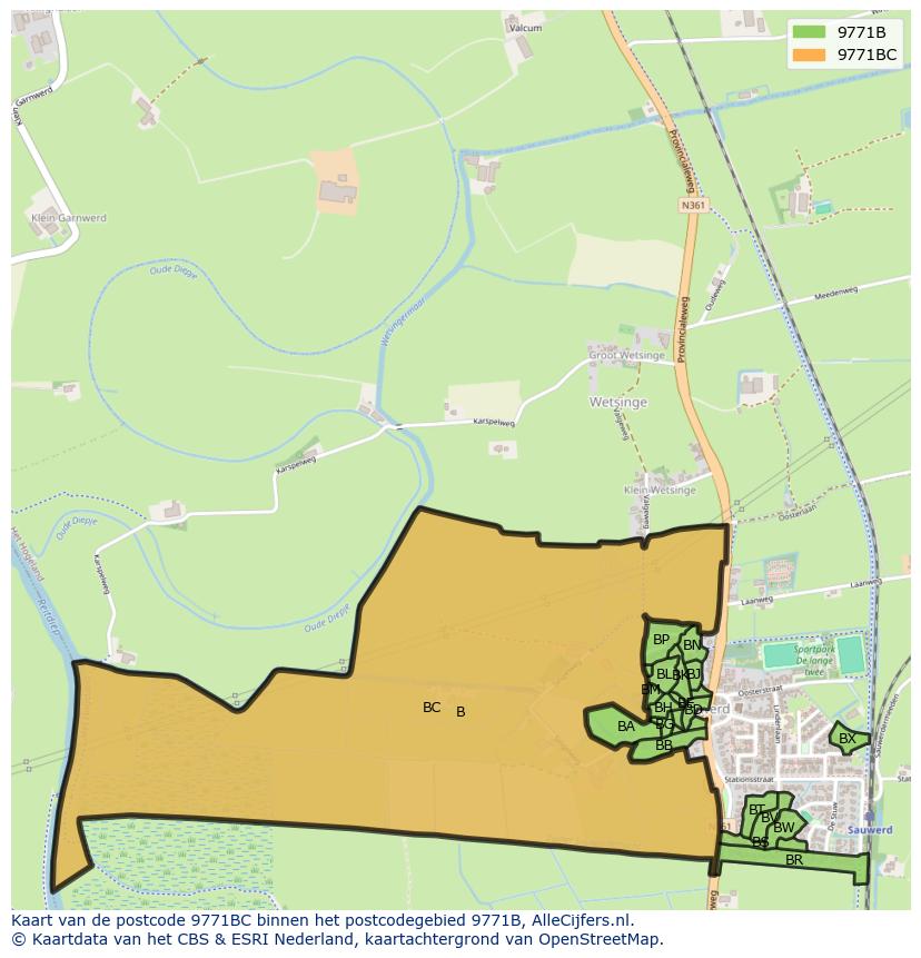 Afbeelding van het postcodegebied 9771 BC op de kaart.