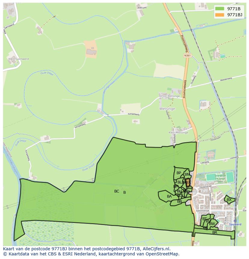 Afbeelding van het postcodegebied 9771 BJ op de kaart.