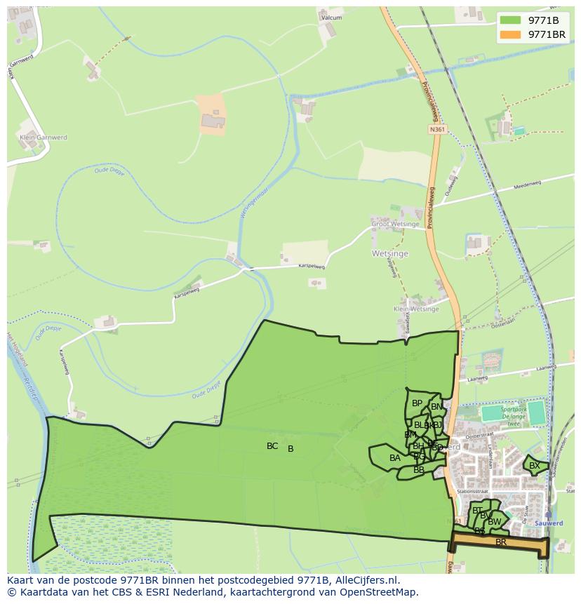 Afbeelding van het postcodegebied 9771 BR op de kaart.