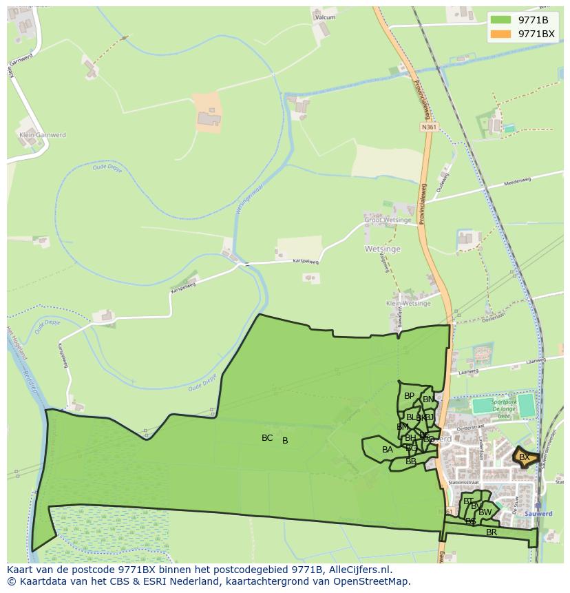 Afbeelding van het postcodegebied 9771 BX op de kaart.