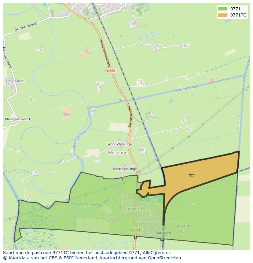 Afbeelding van het postcodegebied 9771 TC op de kaart.