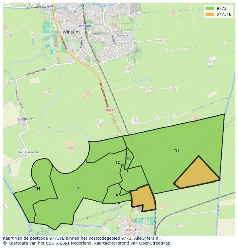 Afbeelding van het postcodegebied 9773 TE op de kaart.
