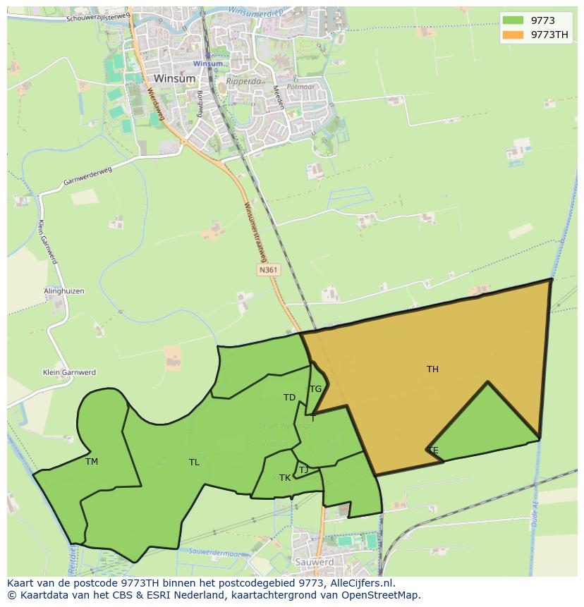 Afbeelding van het postcodegebied 9773 TH op de kaart.