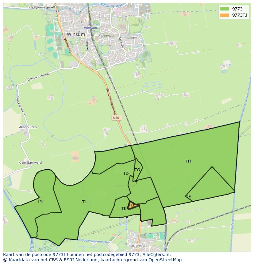 Afbeelding van het postcodegebied 9773 TJ op de kaart.