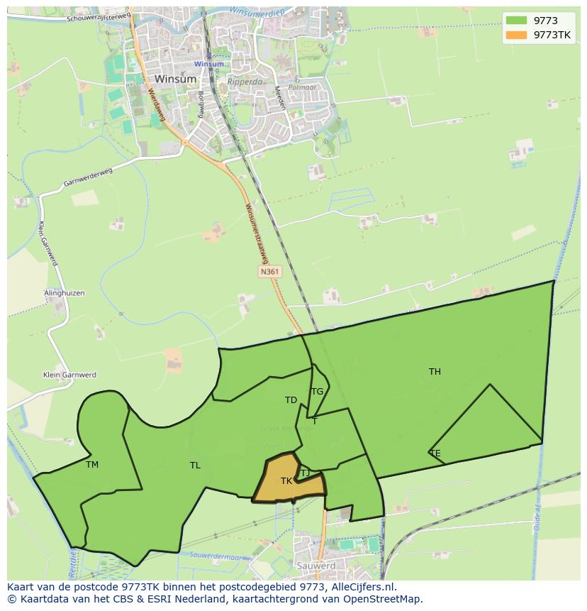 Afbeelding van het postcodegebied 9773 TK op de kaart.