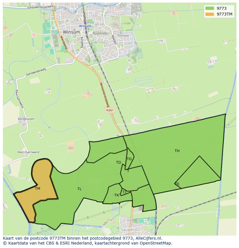 Afbeelding van het postcodegebied 9773 TM op de kaart.