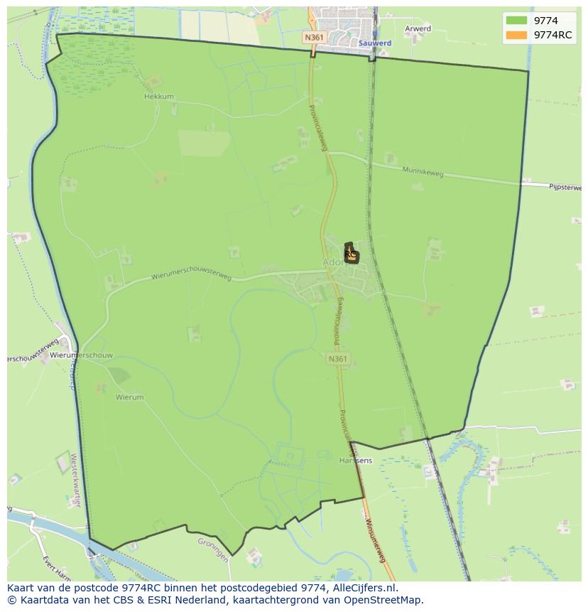 Afbeelding van het postcodegebied 9774 RC op de kaart.