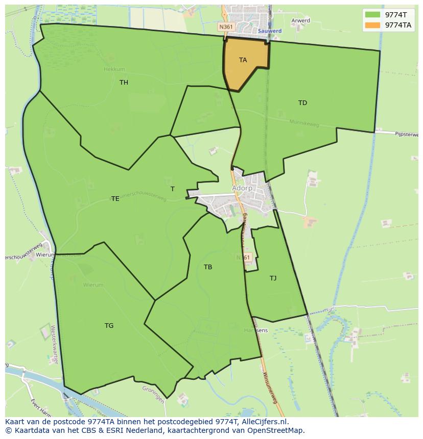 Afbeelding van het postcodegebied 9774 TA op de kaart.