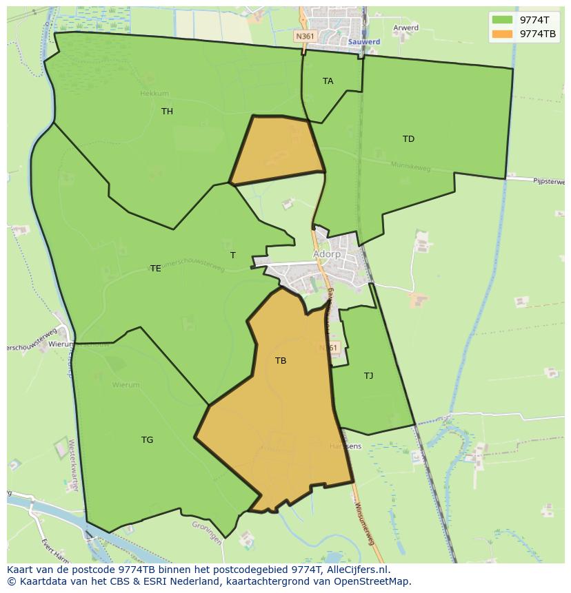 Afbeelding van het postcodegebied 9774 TB op de kaart.