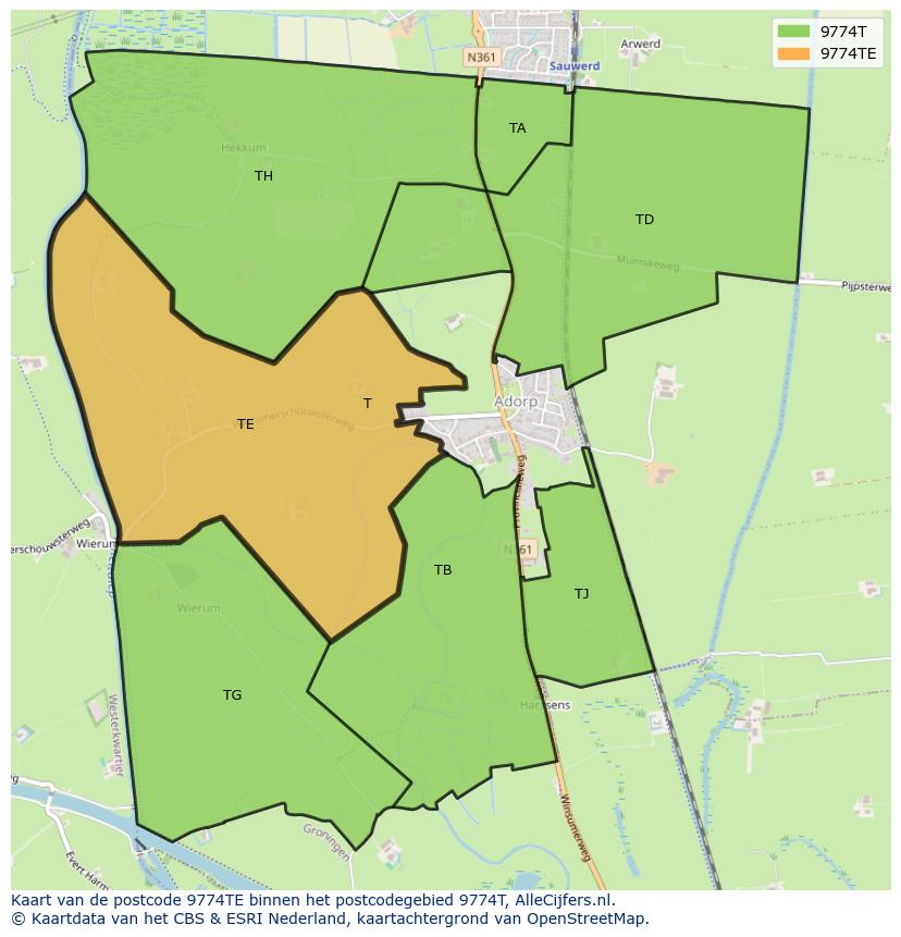 Afbeelding van het postcodegebied 9774 TE op de kaart.